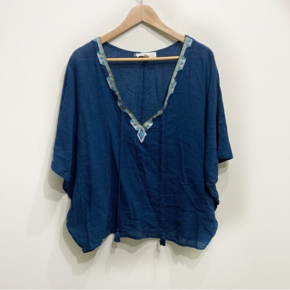 Lovestitch Blouse Vneck Tassle Front Embroidered Boho Cotton Blue Size Medium